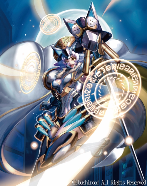 1girl armor armored_boots bodysuit boots cape cardfight!!_vanguard company_name fur_trim hat magic_circle night night_sky official_art open_mouth r_shotaro short_hair silver_fang_witch sky solo staff white_hair yellow_eyes