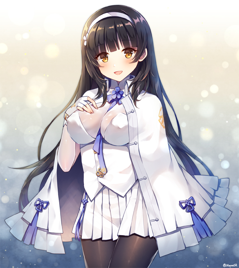 1girl backlighting bangs between_breasts black_hair black_legwear blue_ribbon blunt_bangs blush breasts cape cowboy_shot erect_nipples eyebrows_visible_through_hair fingerless_gloves girls_frontline gloves gradient gradient_background hairband hand_on_own_chest impossible_clothes large_breasts lens_flare long_hair long_sleeves looking_at_viewer mauve pantyhose pleated_skirt qbz-95_(girls_frontline) ribbon see-through shiny shiny_hair shirt skirt solo standing tareme twitter_username very_long_hair white_cape white_gloves white_hairband white_shirt white_skirt yellow_eyes