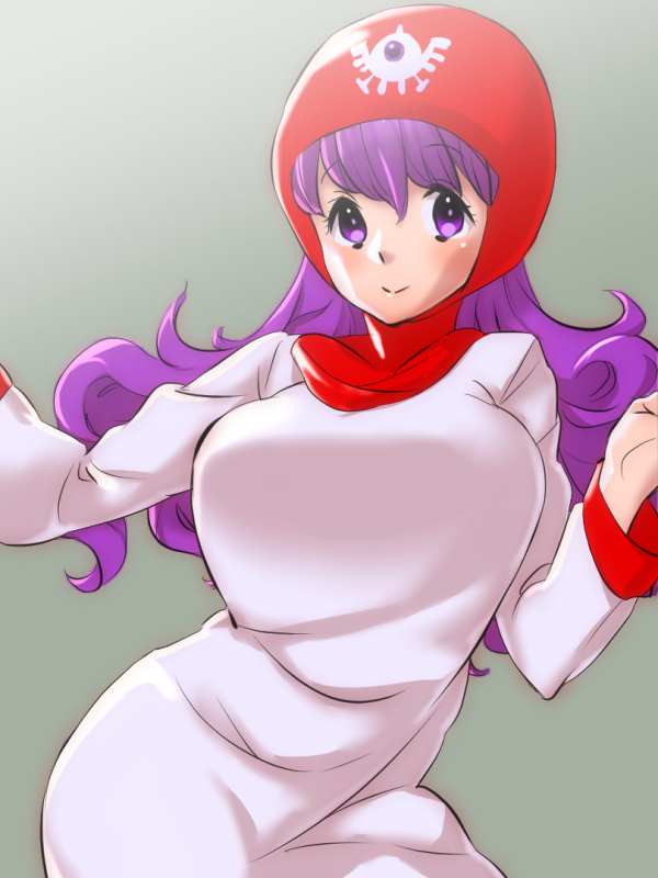 1girl breasts closed_mouth commentary_request curly_hair dragon_quest dragon_quest_ii dress hood inu_no_koujouchou large_breasts long_hair long_sleeves looking_at_viewer princess_of_moonbrook purple_hair smile solo standing white_dress white_robe