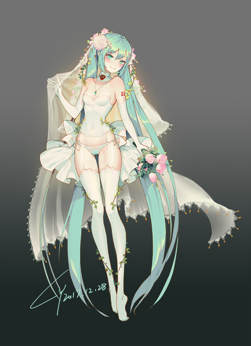 1girl 2017 absurdly_long_hair blue_hair blush bouquet breasts choker cleavage collarbone covered_navel dated flower full_body garter_straps gradient gradient_background green_eyes grey_background hair_flower hair_ornament hatsune_miku head_tilt highres holding holding_bouquet jewelry lian_yao long_hair necklace panties pink_flower shiny shiny_skin side-tie_panties signature small_breasts smile solo standing strapless thigh-highs twintails underwear very_long_hair vocaloid white_legwear white_panties