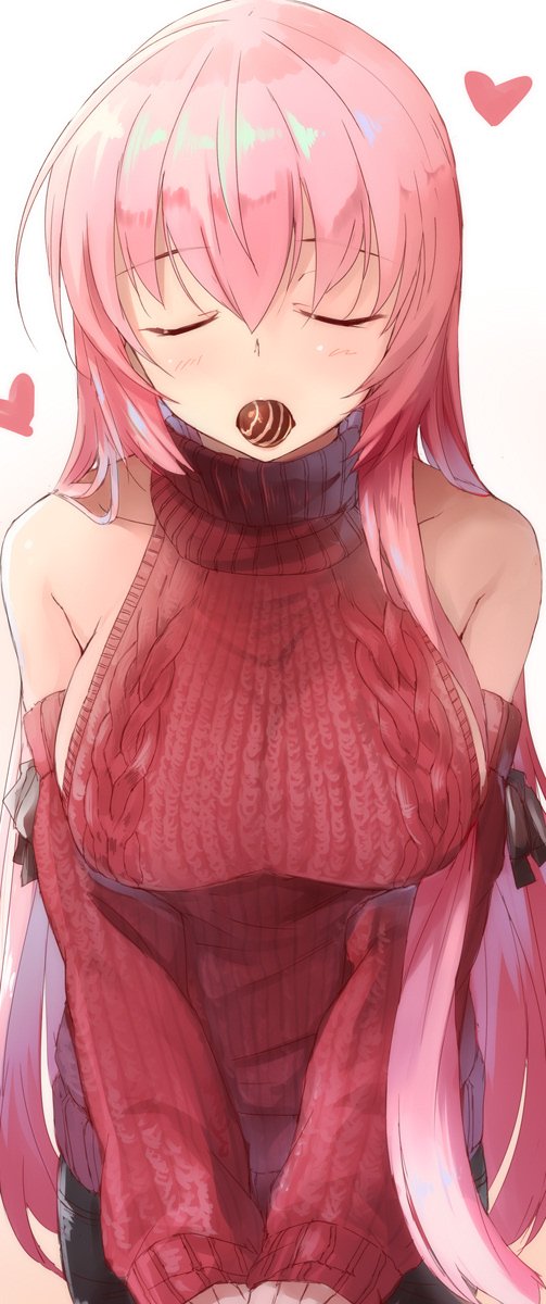 1girl alternate_costume arm_warmers bare_shoulders black_ribbon breasts chocolate closed_eyes commentary_request cowboy_shot daidou_(demitasse) heart highres incoming_kiss large_breasts long_hair megurine_luka meme_attire no_bra pink_hair red_sweater ribbon solo turtleneck virgin_killer_sweater vocaloid