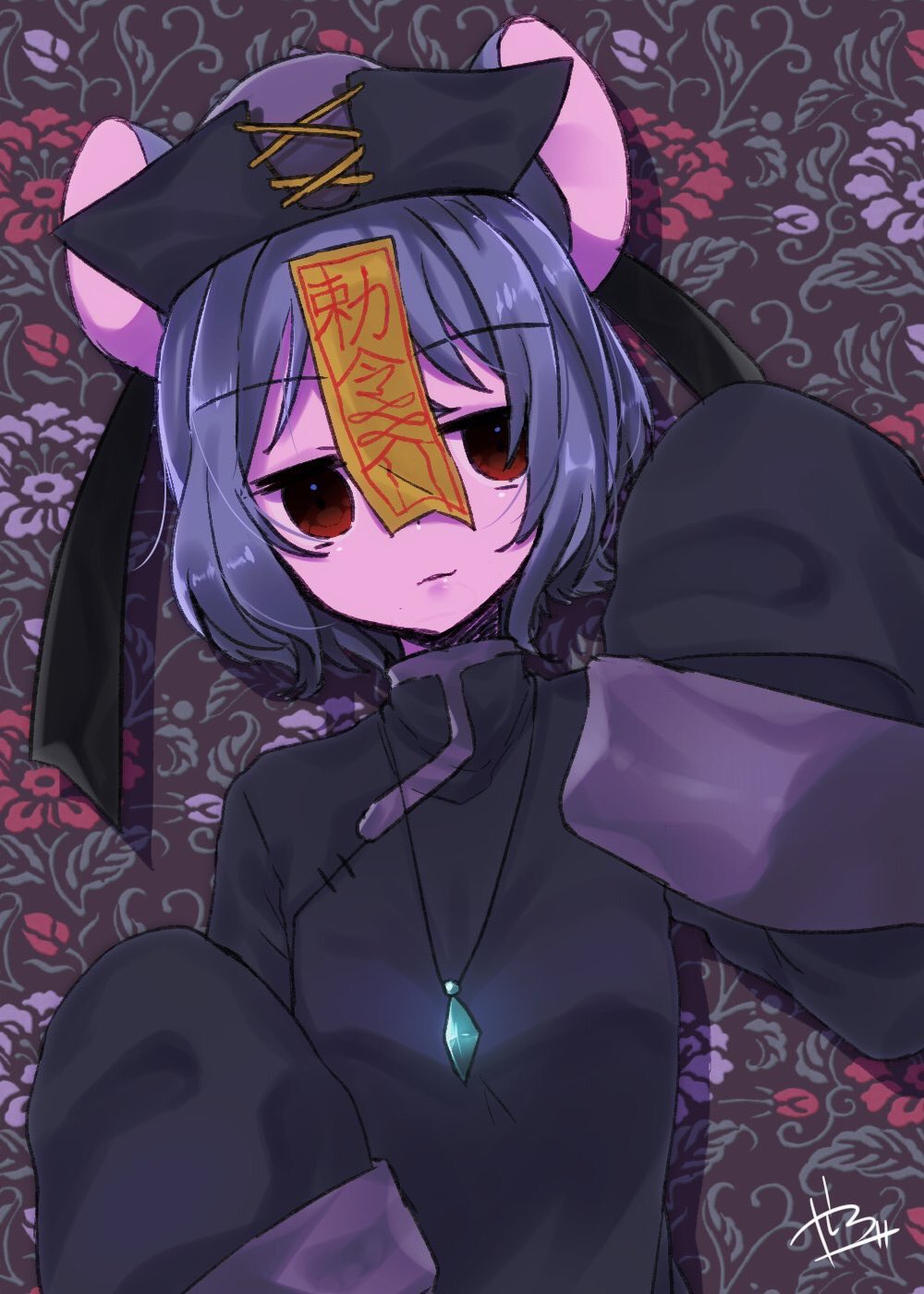 1girl abe_suke alternate_costume animal_ears bangs chinese_clothes eyebrows_visible_through_hair floral_background hat highres jewelry jiangshi looking_at_viewer mouse_ears nazrin necklace ofuda purple_skin red_eyes short_hair signature sleeves_past_wrists solo touhou upper_body