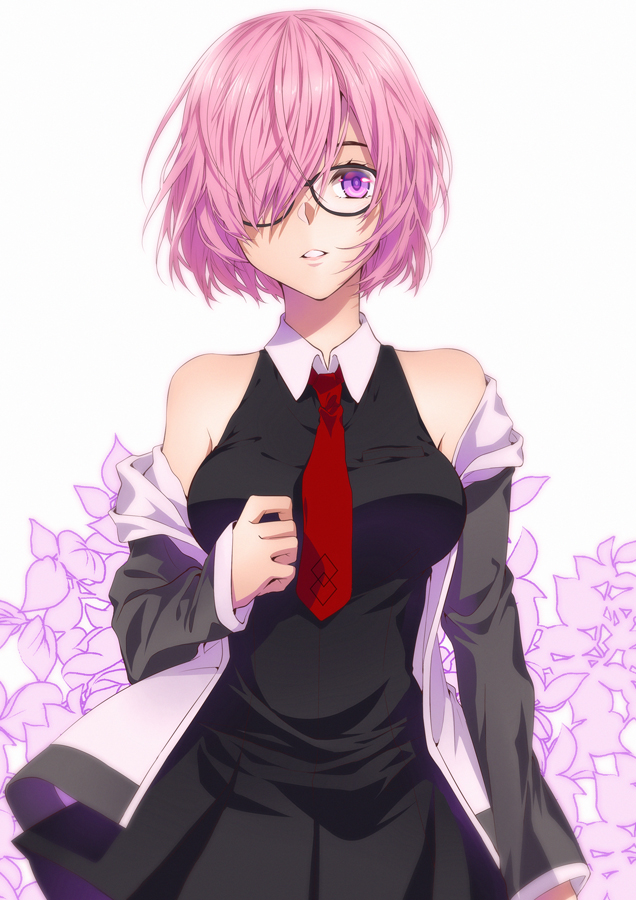 1girl arm_at_side bare_shoulders black-framed_eyewear black_dress breasts collared_dress dress fate/grand_order fate_(series) glasses grey_jacket hair_over_one_eye jacket leaf leaf_background long_sleeves looking_at_viewer mash_kyrielight medium_breasts necktie off_shoulder parted_lips pink_hair red_neckwear shielder_(fate/grand_order) shinkusora shiny shiny_hair short_hair sleeveless sleeveless_dress smile solo track_jacket upper_body violet_eyes white_background wing_collar