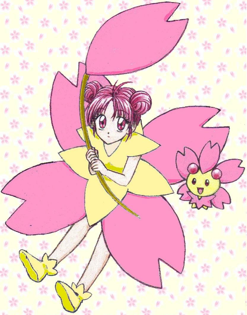 1girl cherrim chikorita85 double_bun expressionless floral_background holding looking_at_viewer looking_up moemon monmon pink_eyes pink_hair pokemon pokemon_(creature) pokemon_(game) pokemon_dppt shoes smile white_background