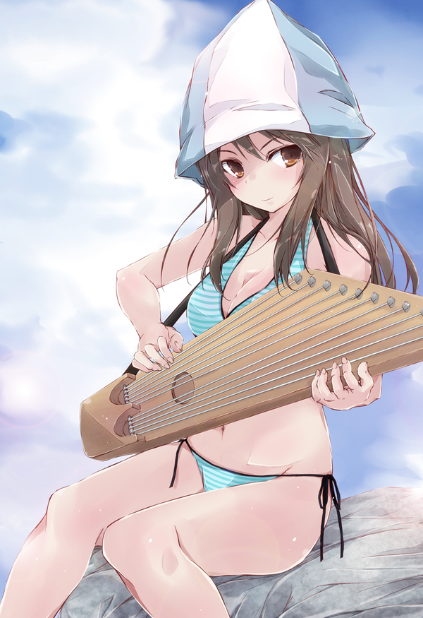 1girl aqua_bikini bikini blue_sky breasts brown_eyes brown_hair cleavage clouds cowboy_shot girls_und_panzer hat instrument kantele long_hair looking_at_viewer medium_breasts mika_(girls_und_panzer) navel outdoors rock side-tie_bikini sitting sky smile solo striped striped_bikini swimsuit yumesato_makura