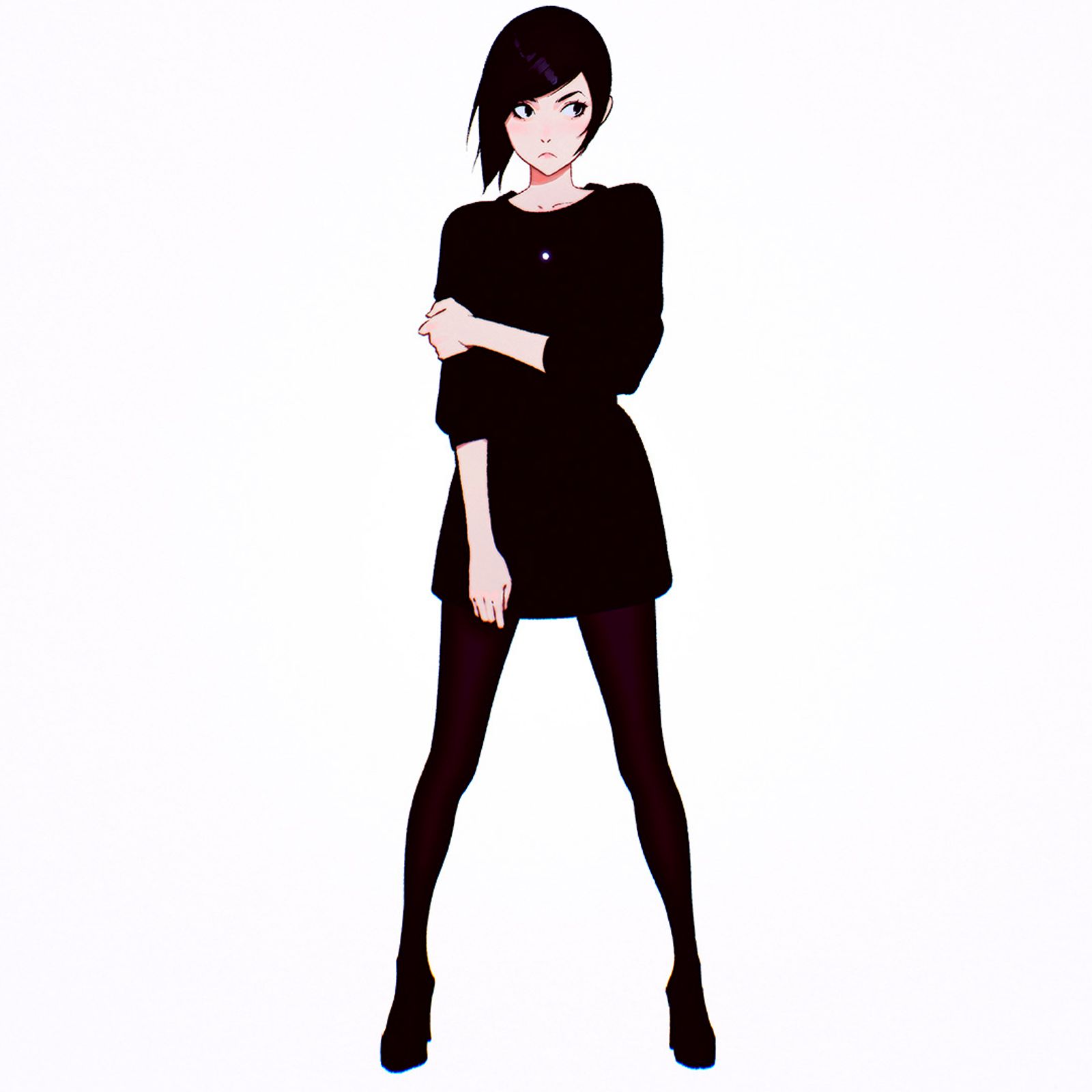 1girl black_dress black_eyes black_hair black_legwear blush dress frown full_body highres ilya_kuvshinov legs_apart looking_to_the_side original pantyhose short_hair simple_background solo standing white_background