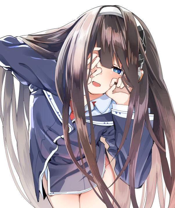 1girl :d absurdly_long_hair azur_lane blue_eyes brown_hair cowboy_shot hands_on_own_face harutoyo headphones long_hair long_island_(azur_lane) looking_at_viewer no_pants open_mouth simple_background smile solo very_long_hair white_background
