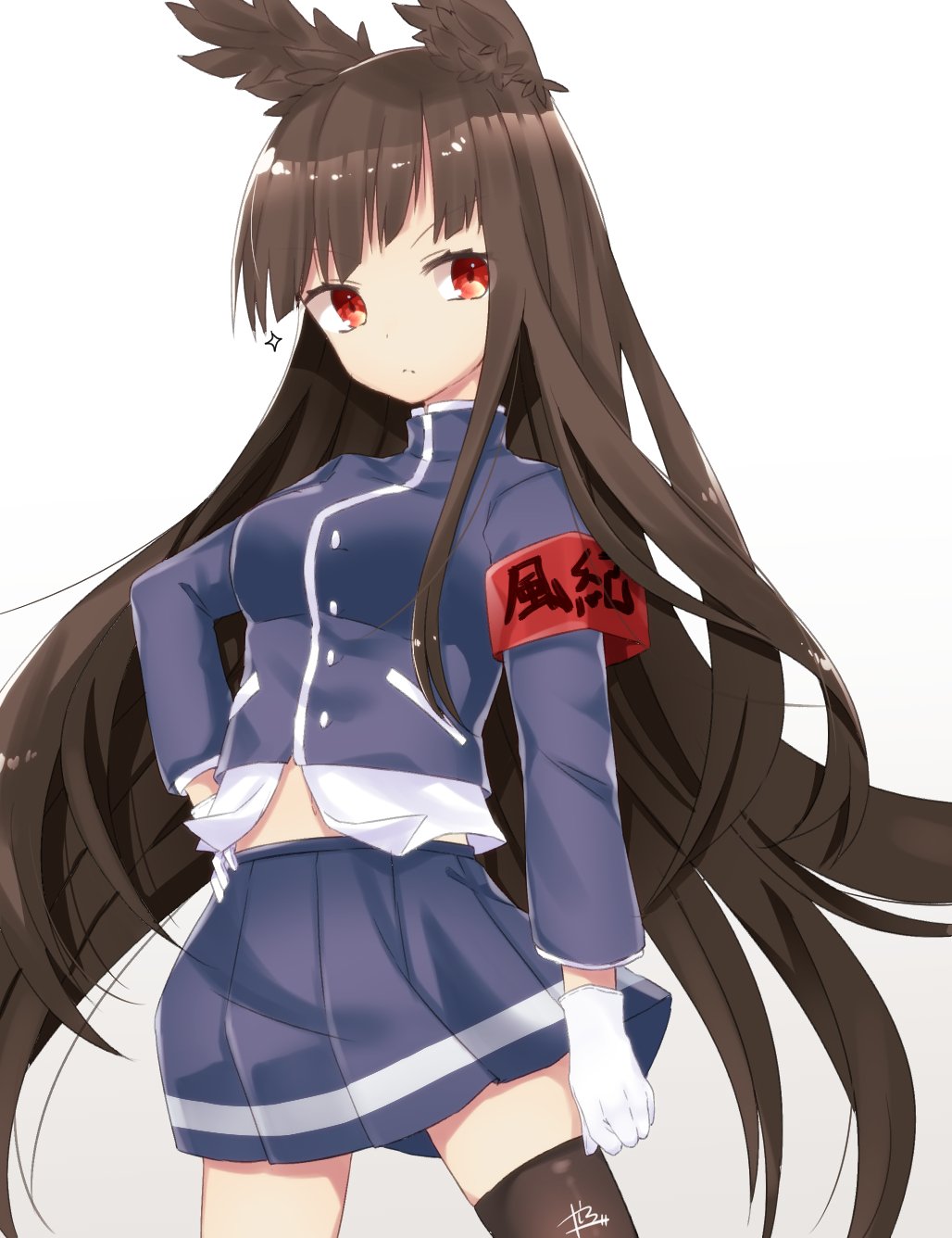 1girl abe_suke animal_ears armband azur_lane bangs blue_skirt brown_hair brown_legwear closed_mouth commentary_request cowboy_shot eyebrows_visible_through_hair gloves gradient gradient_background hand_on_hip highres long_hair long_sleeves looking_at_viewer midriff multicolored multicolored_background myoukou_(azur_lane) orange_eyes pleated_skirt sidelocks signature single_thighhigh skirt solo sparkle thigh-highs two-tone_background very_long_hair white_gloves zettai_ryouiki