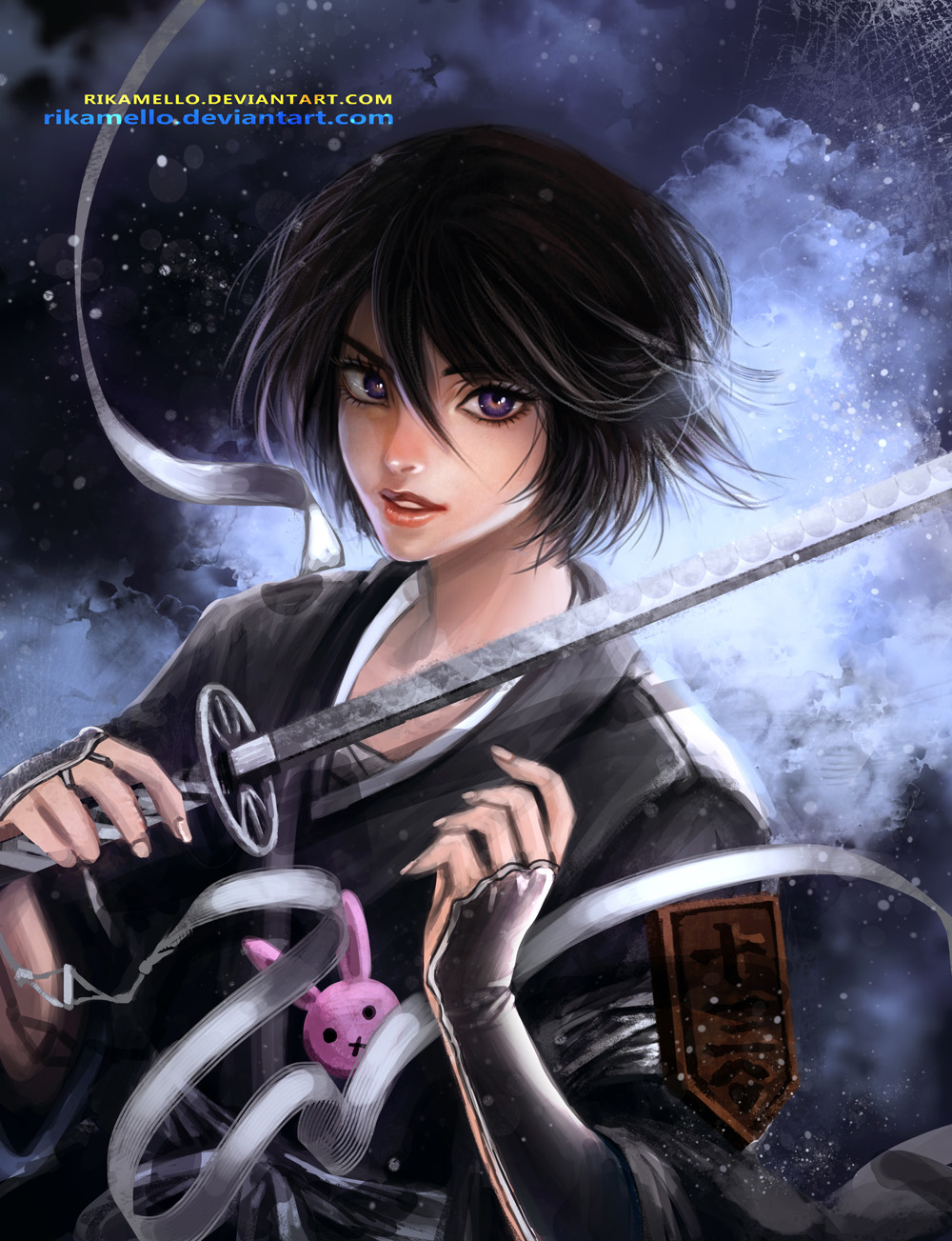 1girl badge black_kimono bleach fukutaichou_badge hair_between_eyes highres holding holding_sword holding_weapon japanese_clothes kimono kuchiki_rukia rikamello shikai shinigami short_hair snow sode_no_shirayuki stuffed_animal stuffed_bunny stuffed_toy sword very_short_hair violet_eyes watermark weapon web_address