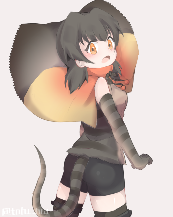 1girl artist_name back blush brown_hair frilled_lizard_(kemono_friends) gloves grey_background kemono_friends lizard_tail low_twintails open_mouth orange_eyes simple_background solo tail tatsuno_newo twintails upper_body