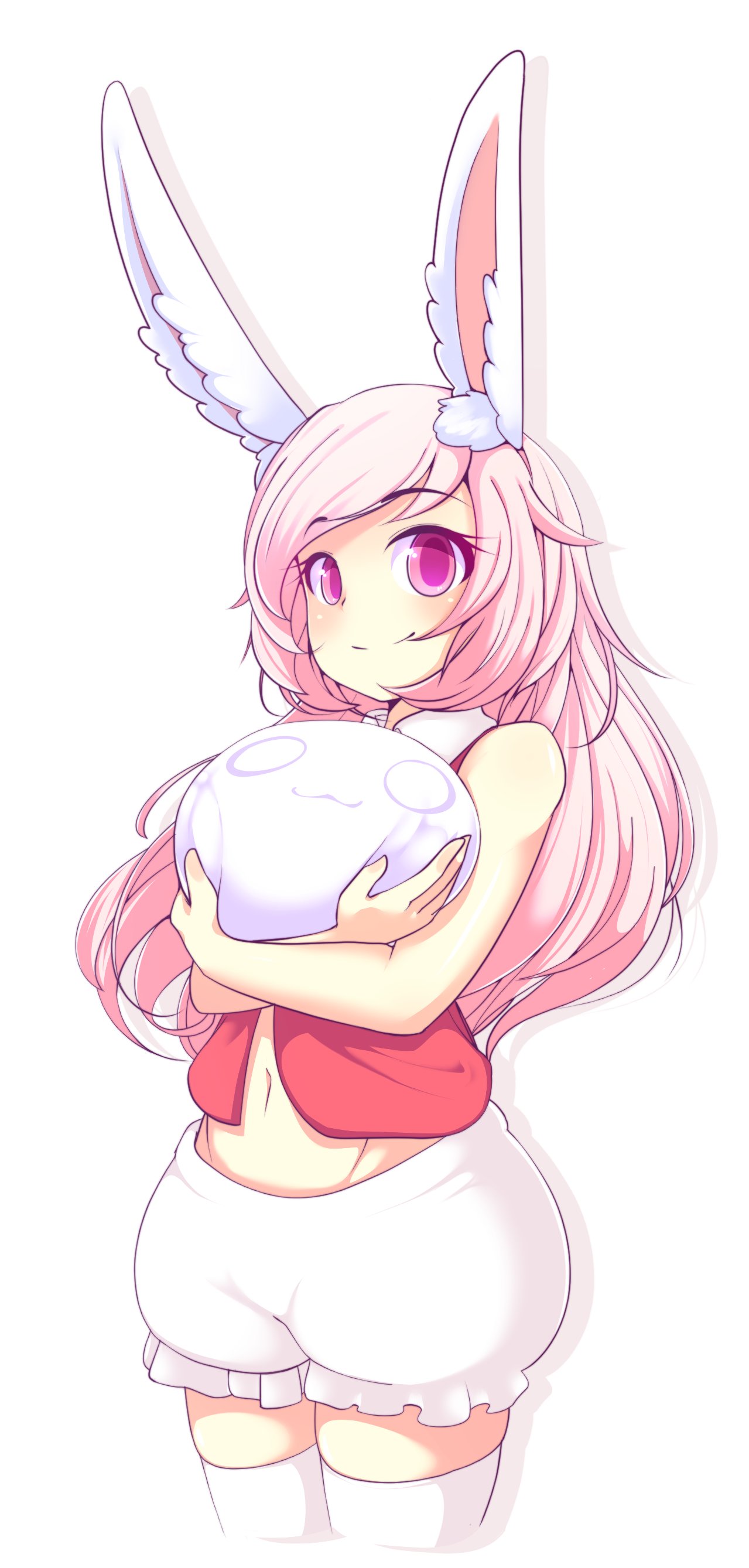 1girl absurdres animal_ears culottes fiz_(fizintine) fizintine highres long_hair looking_at_viewer navel original pink_hair rabbit_ears smile solo stuffed_toy violet_eyes white_background white_legwear