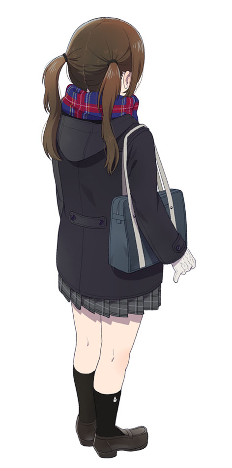 1girl bag brown_hair facing_away from_behind full_body gloves jacket loafers mattaku_mousuke original pleated_skirt scarf school_bag school_uniform shoes skirt solo twintails white_background