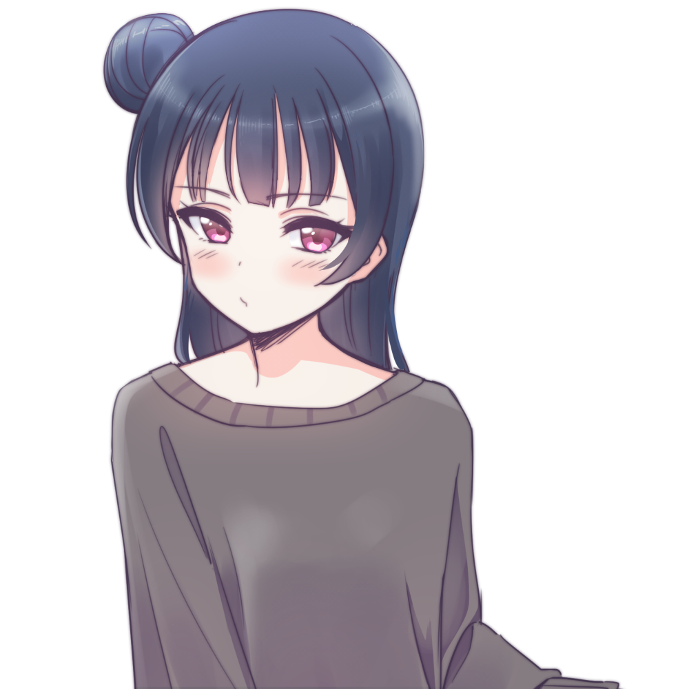 1girl :/ alternate_costume bangs black_sweater blue_hair blunt_bangs blush deadnooodles eyebrows_visible_through_hair eyelashes hair_bun long_hair long_sleeves looking_at_viewer love_live! love_live!_sunshine!! pink_eyes side_bun solo sweater tsurime tsushima_yoshiko upper_body