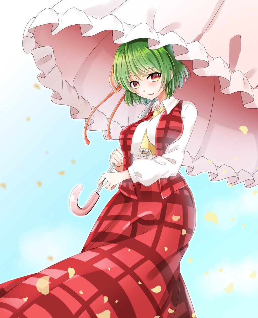 1girl abe_suke ascot bangs between_breasts blush breasts brown_eyes collared_shirt eyebrows_visible_through_hair green_hair highres holding kazami_yuuka large_breasts long_skirt long_sleeves looking_at_viewer parasol red_skirt shirt short_hair skirt skirt_set solo touhou umbrella white_shirt