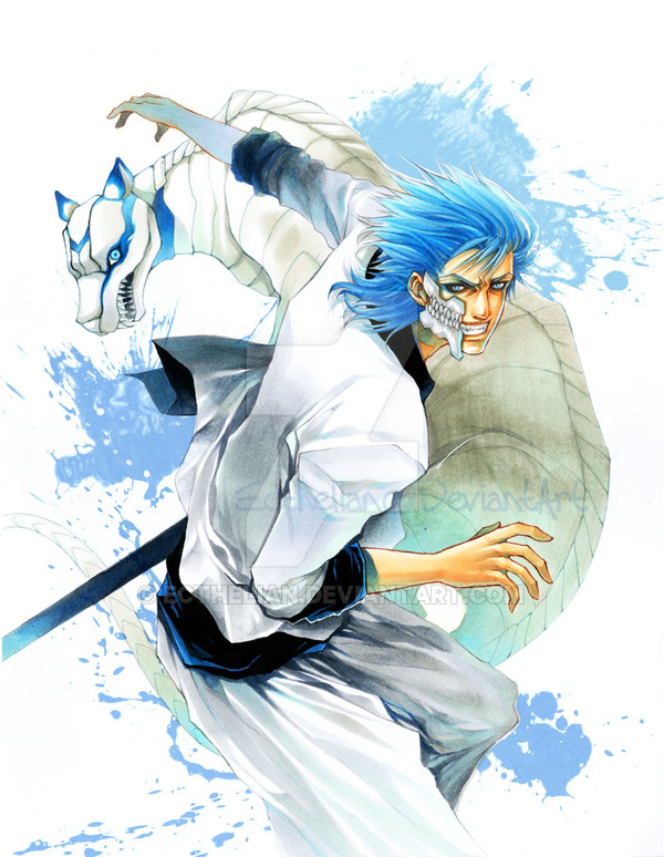 1boy arrancar bleach blue blue_eyes blue_hair dual_persona ecthelian furrowed_eyebrows grimmjow_jaegerjaquez grin hair_slicked_back male_focus panther pants resurreccion sheath simple_background smile watermark web_address white_background