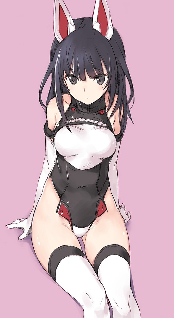 1girl agatsuma_kaede alice_gear_aegis animal_ears bangs bare_shoulders black_eyes black_hair breasts covered_navel elbow_gloves eyebrows_visible_through_hair fake_animal_ears gloves gluteal_fold kawata_hisashi leotard long_hair medium_breasts pink_background sidelocks simple_background sitting thigh-highs white_gloves white_legwear