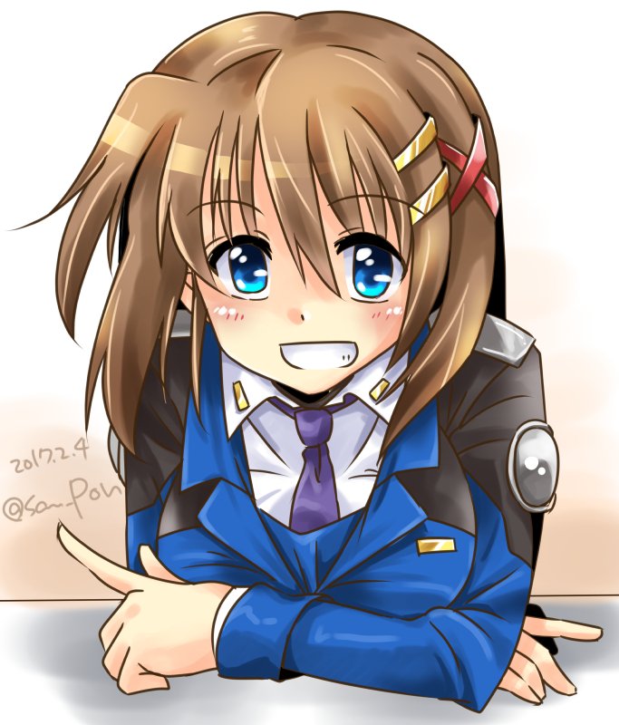 1girl blue_eyes brown_hair commentary_request dasuto dated grin hair_between_eyes hair_ornament index_finger_raised looking_at_viewer lyrical_nanoha necktie purple_neckwear smile solo tsab_naval_military_uniform twitter_username x_hair_ornament yagami_hayate