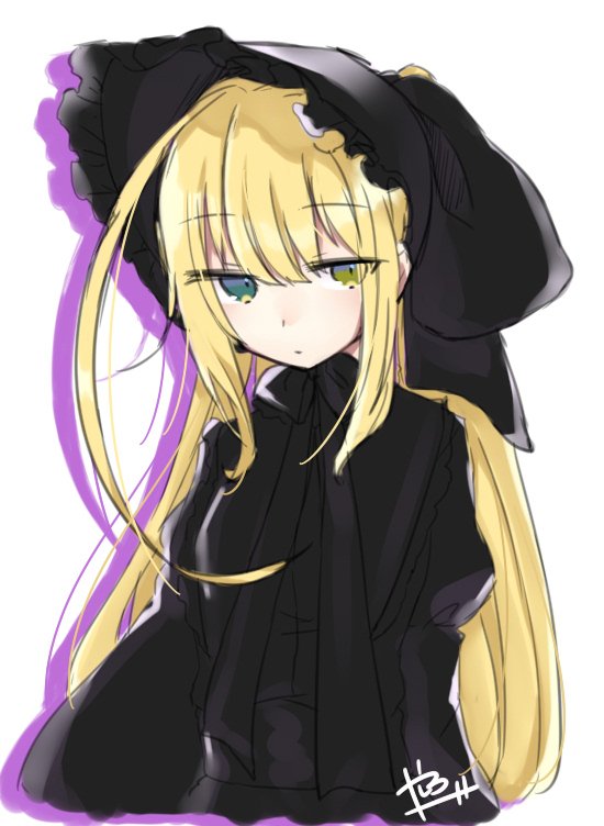 1girl abe_suke ahoge bangs black_hat blonde_hair closed_mouth commentary_request eyebrows_visible_through_hair green_eyes hair_between_eyes hat long_hair looking_at_viewer original sidelocks signature simple_background solo upper_body white_background