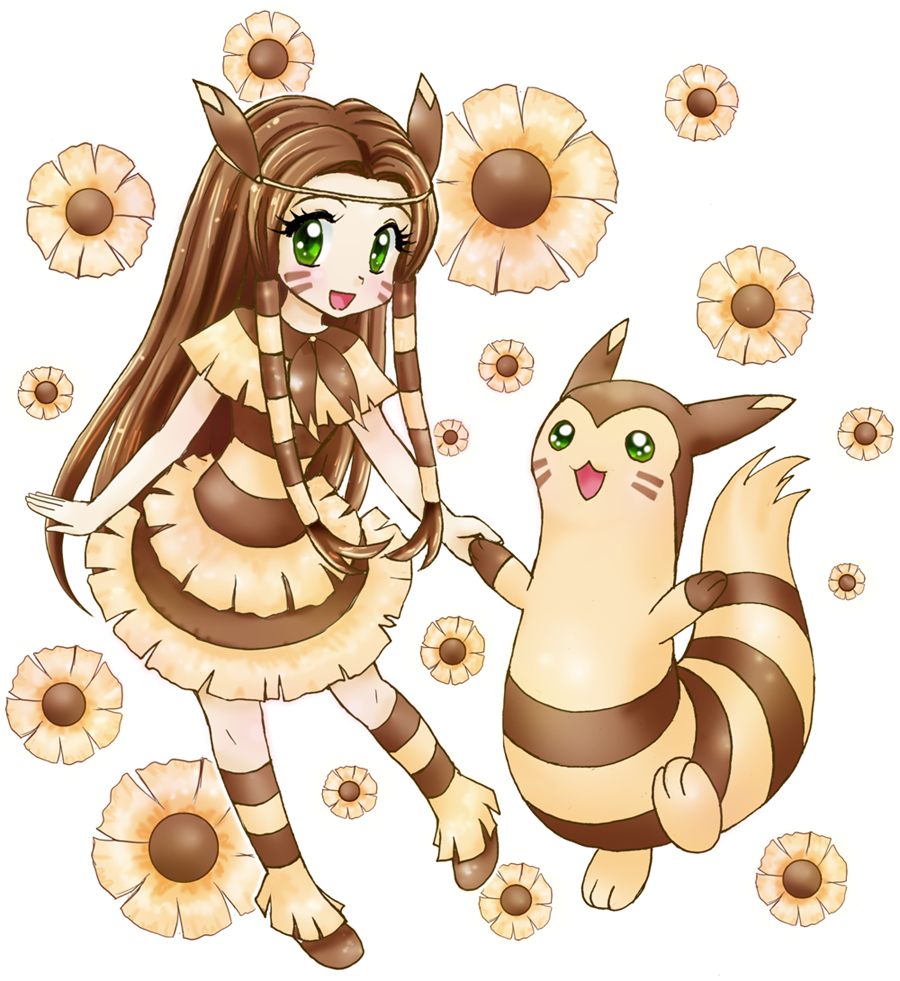 1girl :d animal_ears brown brown_dress brown_hair dress eyelashes facial_mark fake_animal_ears floral_background furret green_hair hand_holding long_hair moemon open_mouth personification pokemon pokemon_(creature) pokemon_(game) pokemon_gsc shoes smile socks straight_hair transparent_background