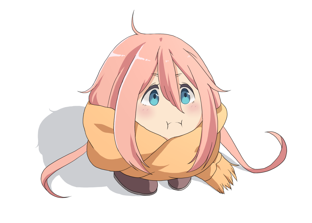 1girl :i ahoge blob blue_eyes chibi commentary hair_between_eyes kagamihara_nadeshiko kirby_(series) long_hair mp893 pink_hair scarf shadow solo white_background yurucamp