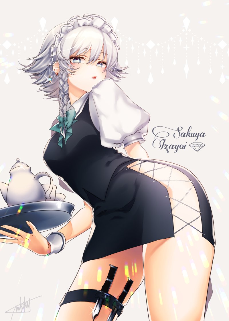 1girl braid holster izayoi_sakuya knife lips maid mokokiyo_(asaddr) ribbon short_hair short_sleeves side_slit silver_hair solo teapot thigh_holster thighs touhou vest