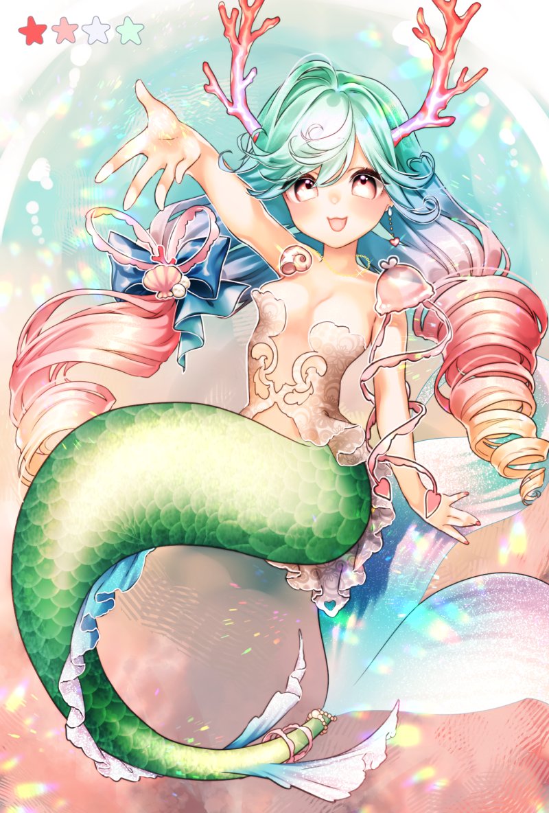 coral drill_hair hand_up mermaid mokokiyo_(asaddr) monster_girl multicolored_hair original ribbon shell smile twin_drills