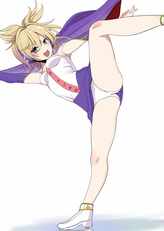 amisu blonde_hair cape earmuffs high_kick ice_skates kicking leotard open_mouth pointy_hair short_hair skates skirt touhou toyosatomimi_no_miko