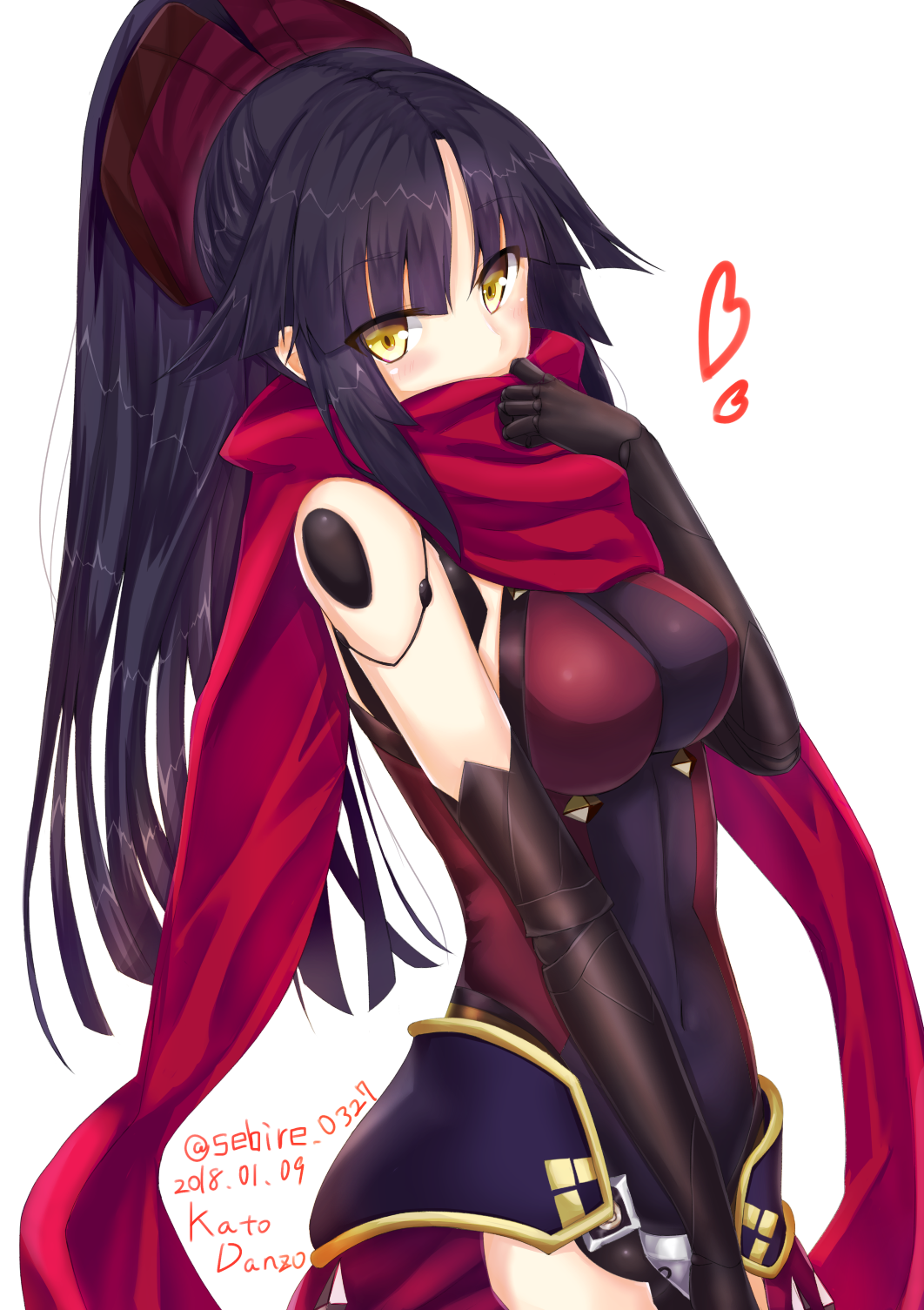 1girl black_gloves black_hair blush breasts character_name dated elbow_gloves fate/grand_order fate_(series) gloves heart highres katou_danzou_(fate/grand_order) large_breasts long_hair looking_at_viewer ponytail robot_joints scarf scarf_over_mouth sebire solo twitter_username yellow_eyes