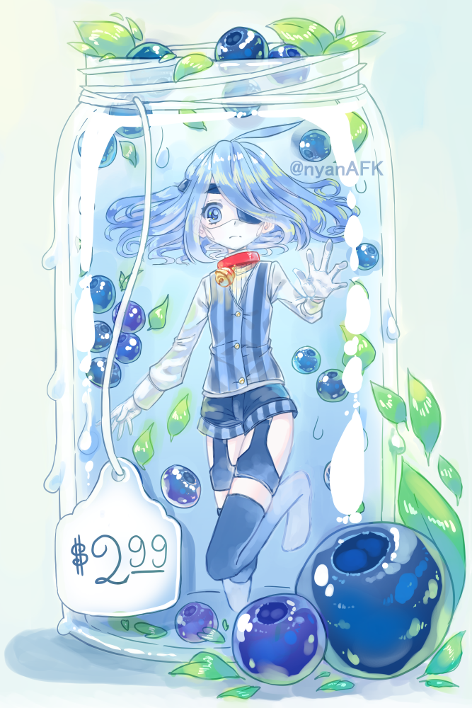 1girl arm_up artist_name bell bell_collar blue_eyepatch blue_eyes blue_hair blue_legwear blue_shorts blue_vest blueberry buttons collar double-breasted eyepatch face_mask food fruit full_body gloves in_container jar leaf long_sleeves looking_at_viewer mask mason_jar no_shoes nyanafk original over-kneehighs price_tag red_collar shirt shorts striped striped_vest submerged surgical_mask thigh-highs twitter_username vertical_stripes vest water white_gloves white_mask white_shirt