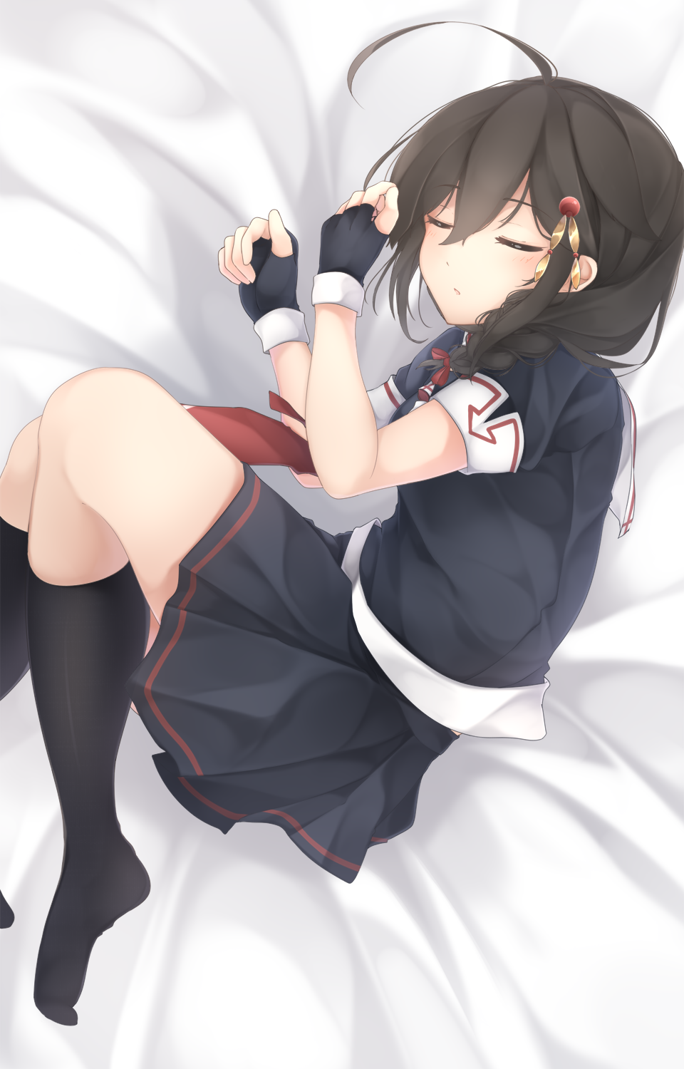 1girl :o ahoge bed_sheet black_gloves black_legwear black_serafuku black_shirt black_skirt blush braid brown_hair feet_out_of_frame fingerless_gloves from_above gloves hair_flaps hair_ornament hair_over_shoulder hair_ribbon hairpin highres kantai_collection kneehighs long_hair lying medium_skirt neko_ame no_shoes on_side parted_lips pleated_skirt red_ribbon remodel_(kantai_collection) ribbon school_uniform serafuku shigure_(kantai_collection) shirt short_sleeves single_braid skirt solo