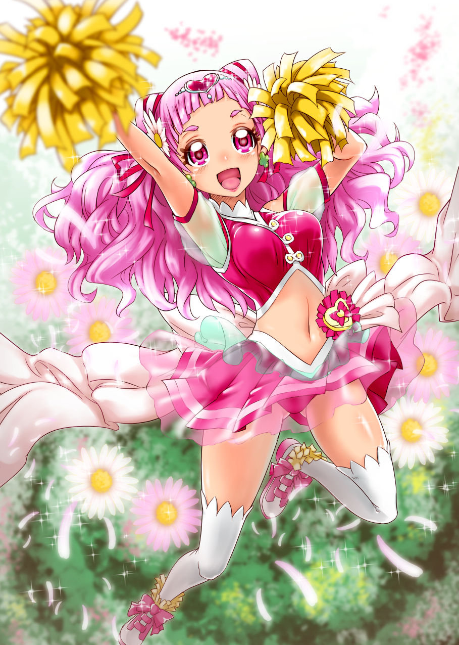 1girl :d bow cure_yell double_bun flower full_body hair_flower hair_ornament hair_ribbon happy heart_hair_ornament highres hugtto!_precure layered_skirt lewis_mclaren long_hair looking_at_viewer magical_girl midriff nono_hana open_mouth panties petals pink_eyes pink_footwear pink_hair pink_panties pink_shirt pink_skirt pom_poms precure red_ribbon ribbon shiny shiny_skin shirt shoes skirt sleeveless sleeveless_shirt smile solo thigh-highs underwear white_bow white_legwear