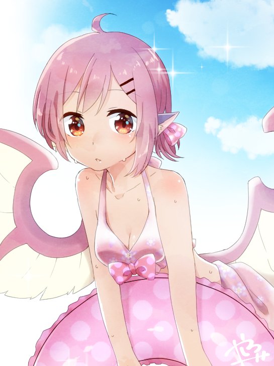 1girl abe_suke ahoge animal_ears bangs bare_arms bird_wings bow breasts brown_eyes brown_hair cleavage clouds commentary_request day eyebrows_visible_through_hair holding innertube leaning_forward looking_at_viewer mystia_lorelei outdoors parted_lips pink_bikini_top pink_bow pink_hair polka_dot polka_dot_bow sarong signature small_breasts solo sparkle sweat tan touhou upper_body wings