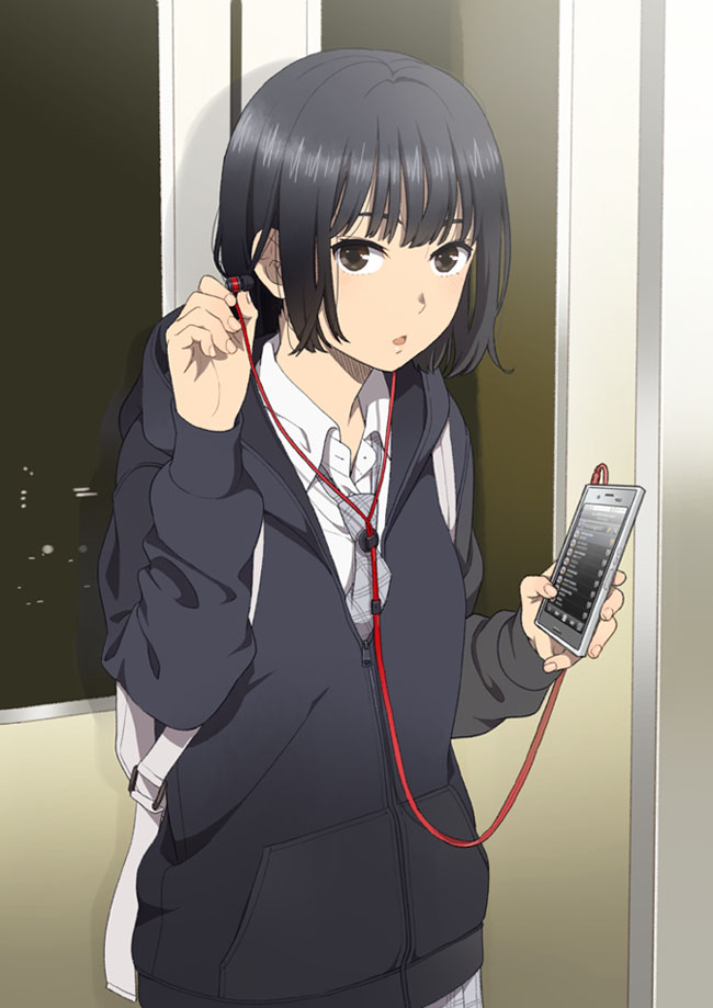 1girl backpack bag black_hair cellphone earphones holding holding_phone hood hoodie looking_at_viewer mattaku_mousuke necktie original phone school_uniform short_hair smartphone solo