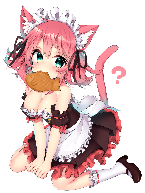 1girl ? animal_ears apron bangs bare_shoulders black_dress bow breasts brown_footwear cat_ears cat_tail choker cleavage closed_mouth cookie detached_sleeves dress eyebrows_visible_through_hair food food_in_mouth frilled_apron frilled_legwear frills full_body green_eyes kneehighs kneeling looking_at_viewer maid maid_apron maid_headdress mary_janes medium_breasts mouth_hold nachiru original own_hands_together pink_hair puffy_short_sleeves puffy_sleeves red_bow ribbon-trimmed_legwear ribbon_choker ribbon_trim shiny shiny_hair shoes short_hair short_sleeves simple_background smile solo strapless strapless_dress tail tareme v_arms waist_apron white_apron white_background