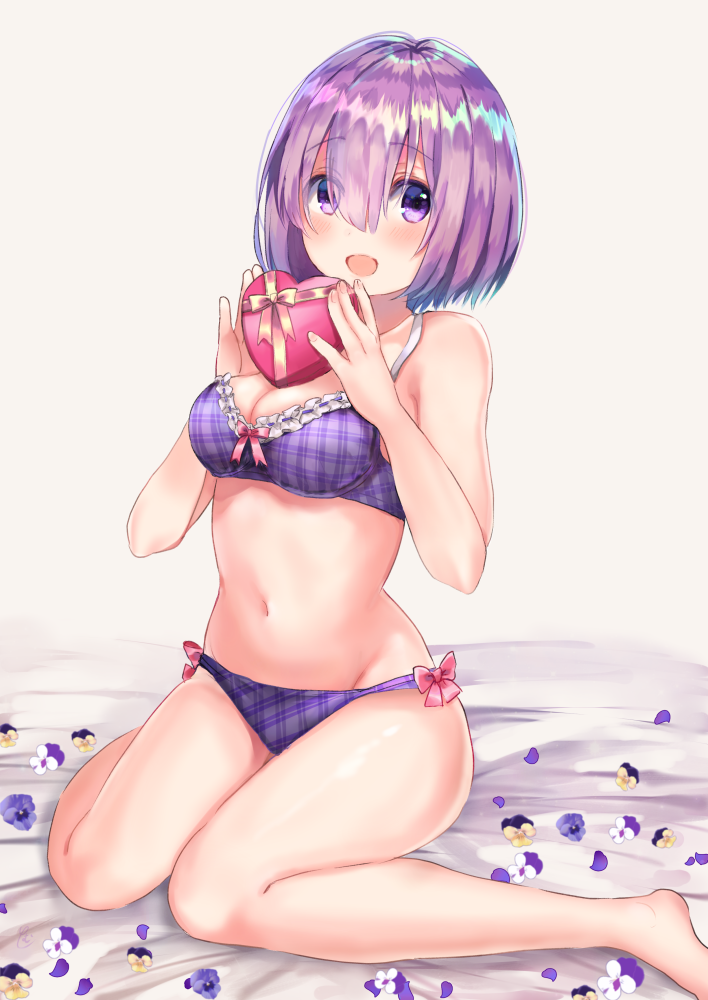 1girl :d bangs bare_arms bare_legs bare_shoulders barefoot bed_sheet blush bow bow_bra bow_panties box bra breasts brown_background cleavage eyebrows_visible_through_hair fate/grand_order fate_(series) fingernails flower gift gift_box hair_between_eyes heart-shaped_box holding holding_gift looking_at_viewer mash_kyrielight medium_breasts navel open_mouth panties petals plaid plaid_bra plaid_panties purple_bra purple_flower purple_hair purple_panties short_hair sitting smile solo thighs tomu_(zundaizu106) underwear underwear_only valentine violet_eyes wariza white_flower yellow_flower