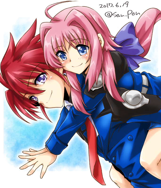 1boy 1girl ahoge blush caro_ru_lushe carrying couple dasuto dated erio_mondial lyrical_nanoha mahou_shoujo_lyrical_nanoha_strikers mahou_shoujo_lyrical_nanoha_vivid military military_uniform multiple_girls necktie piggyback pink_hair purple_ribbon red_neckwear redhead ribbon smile tsab_naval_military_uniform twitter_username uniform violet_eyes