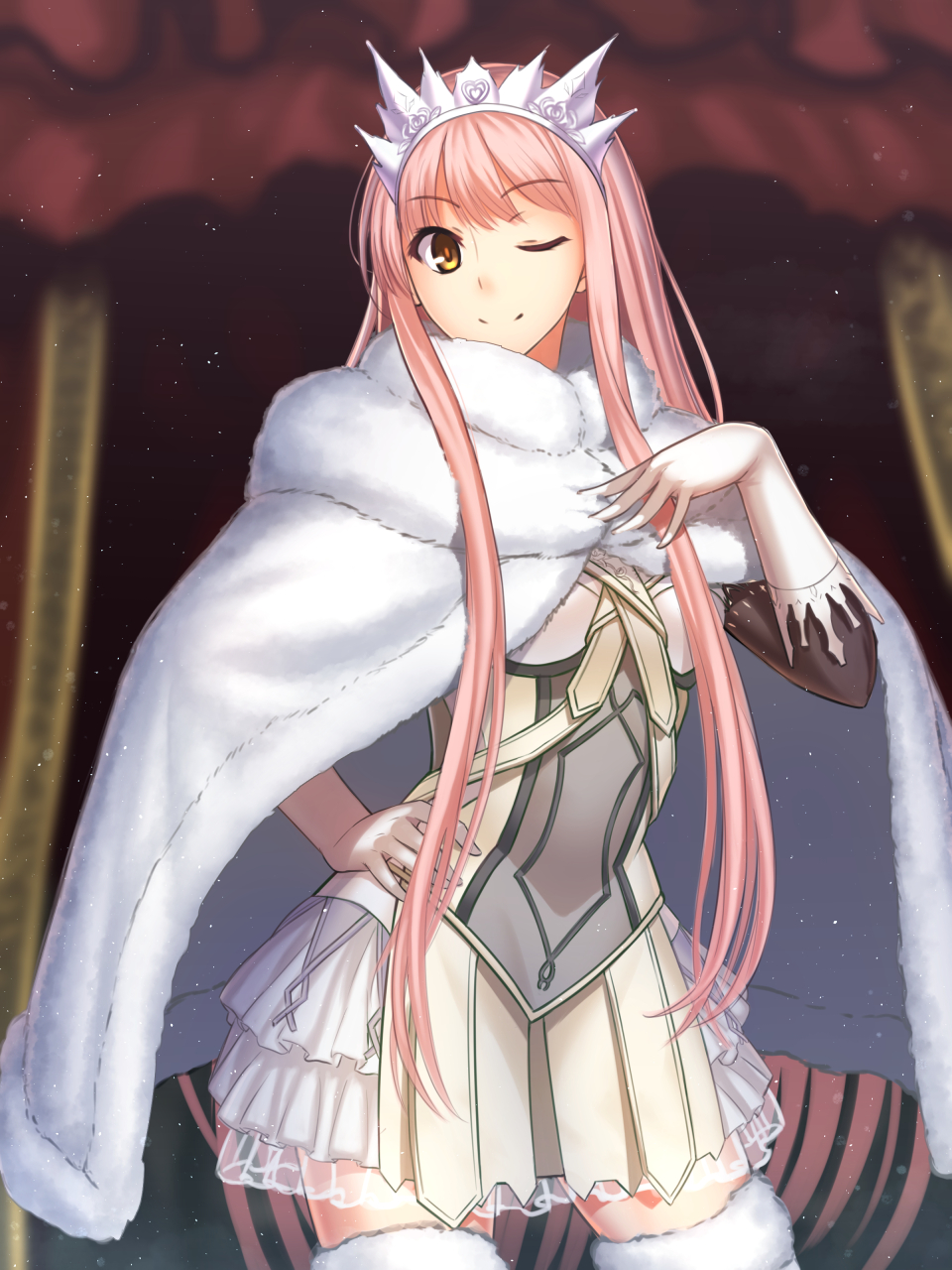 1girl bangs blurry blurry_background cloak closed_mouth commentary_request contrapposto detached_sleeves dress eyebrows_visible_through_hair fate/grand_order fate_(series) fur-trimmed_cloak fur-trimmed_legwear fur_collar fur_trim gloves hand_on_hip hand_on_own_chest hand_up highres kotera_ryou long_hair looking_at_viewer medb_(fate/grand_order) one_eye_closed pink_hair short_dress sidelocks smile solo standing thigh-highs tiara very_long_hair white_cloak white_dress white_gloves white_legwear yellow_eyes