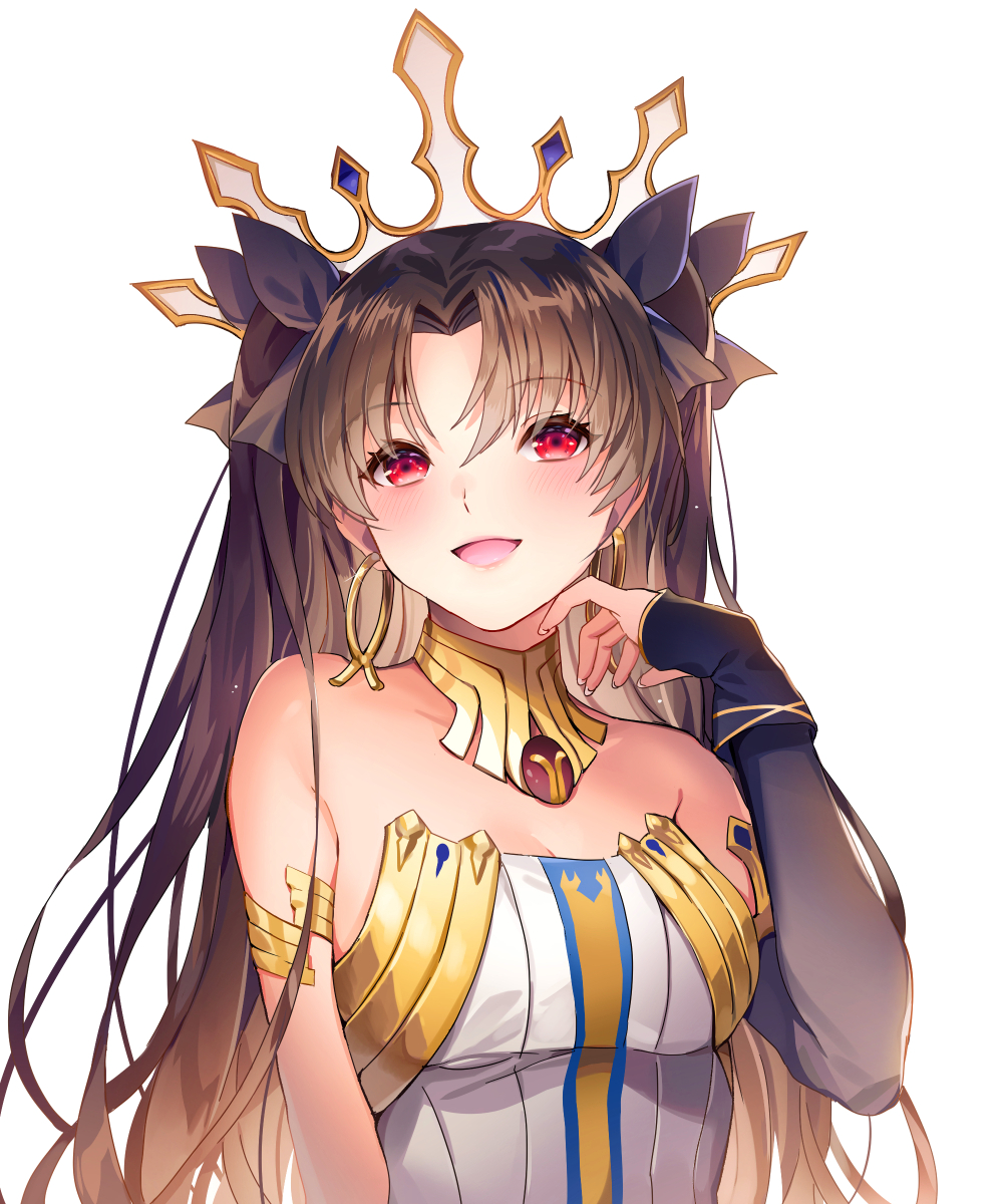 1girl :d armlet bare_shoulders black_hair blush breasts cleavage commentary crown earrings ells fate/grand_order fate_(series) hair_ribbon highres ishtar_(fate/grand_order) jewelry long_hair looking_at_viewer medium_breasts open_mouth red_eyes ribbon single_detached_sleeve smile solo two_side_up