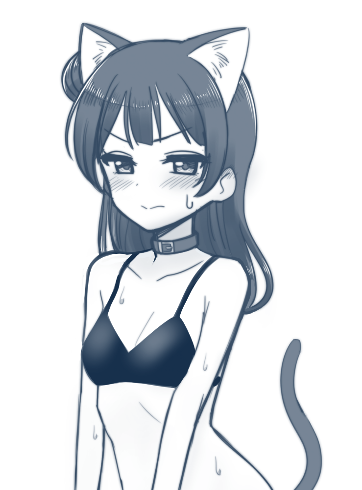 &gt;:) 1girl animal_ears bangs bare_arms bare_shoulders bikini_top blush breasts buckle cat_ears cat_tail cleavage closed_mouth collar deadnooodles eyebrows_visible_through_hair long_hair looking_at_viewer love_live! love_live!_sunshine!! monochrome shiny shiny_hair side_bun simple_background small_breasts solo sweatdrop tail tsushima_yoshiko upper_body white_background