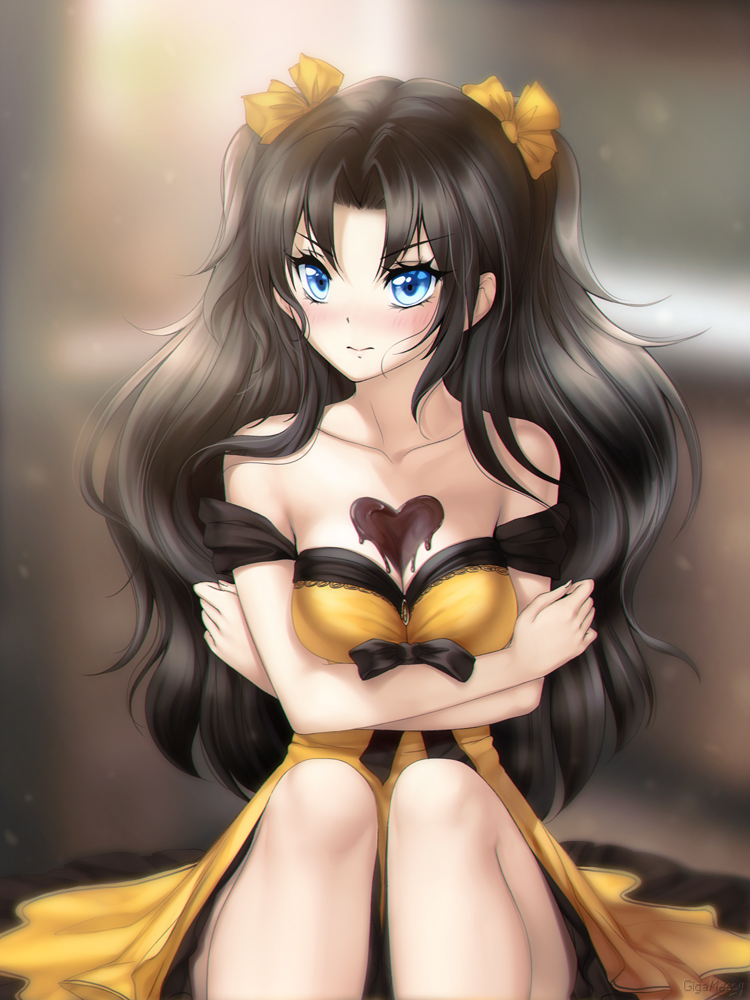 1girl bare_legs bare_shoulders black_hair black_ribbon blue_eyes blurry blurry_background blush breasts chocolate chocolate_heart chocolate_on_breasts cleavage closed_mouth collar dress feet_out_of_frame gigamessy hair_ribbon heart long_hair looking_at_viewer medium_breasts off-shoulder_dress off_shoulder original ribbon self_hug sitting solo two_side_up very_long_hair yellow_dress yellow_ribbon