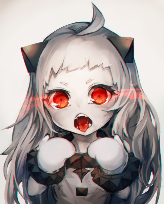 1girl ahoge glowing glowing_eyes horns kajaneko kantai_collection long_hair looking_at_viewer mittens northern_ocean_hime open_mouth pale_skin red_eyes shinkaisei-kan simple_background solo tongue tongue_out upper_body white_hair