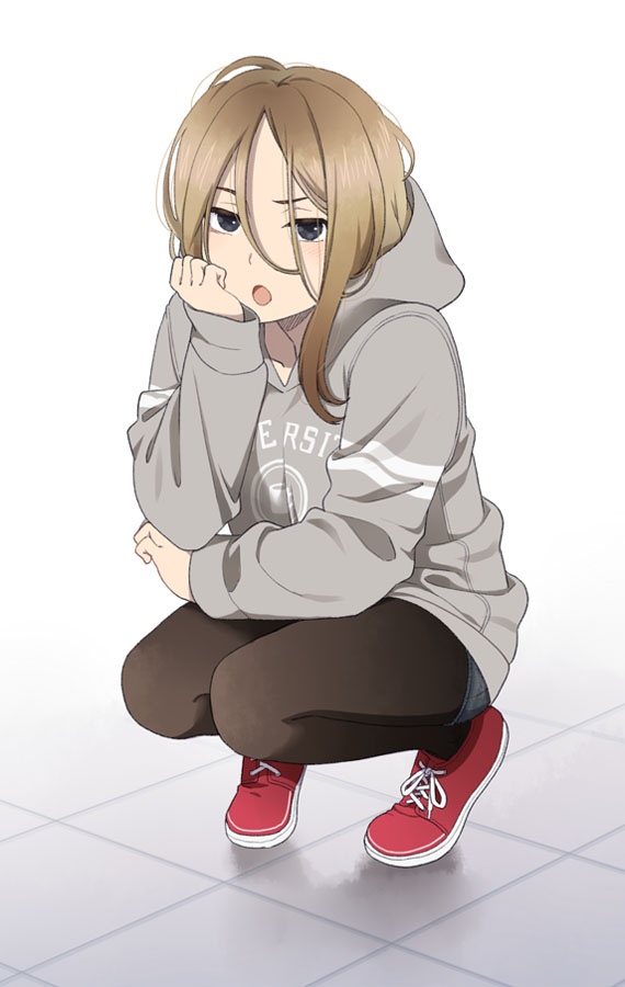 1girl black_eyes blonde_hair chin_rest hair_between_eyes hood hoodie looking_at_viewer mattaku_mousuke original pantyhose short_shorts shorts solo squatting