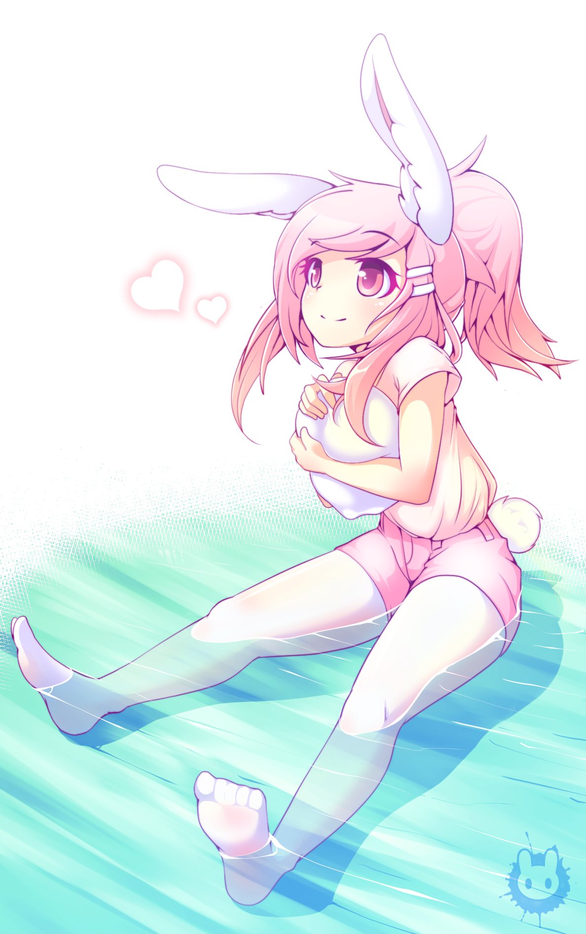 1girl animal_ears bunny_tail fiz_(fizintine) fizintine heart highres long_hair original pink_hair pink_shorts ponytail rabbit_ears see-through shorts signature sitting solo tail violet_eyes water white_legwear