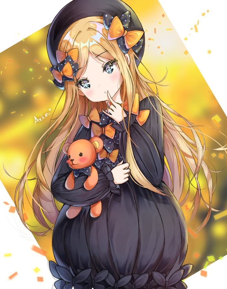 1girl abigail_williams_(fate/grand_order) arin_(wda4167) artist_name bangs black_bow black_dress black_hat blonde_hair blue_eyes blush blush_stickers bow butterfly closed_mouth commentary_request dress eyebrows_visible_through_hair fate/grand_order fate_(series) finger_to_mouth fingernails hair_bow hat head_tilt long_hair long_sleeves looking_at_viewer object_hug orange_bow parted_bangs polka_dot polka_dot_bow solo stuffed_animal stuffed_toy teddy_bear very_long_hair