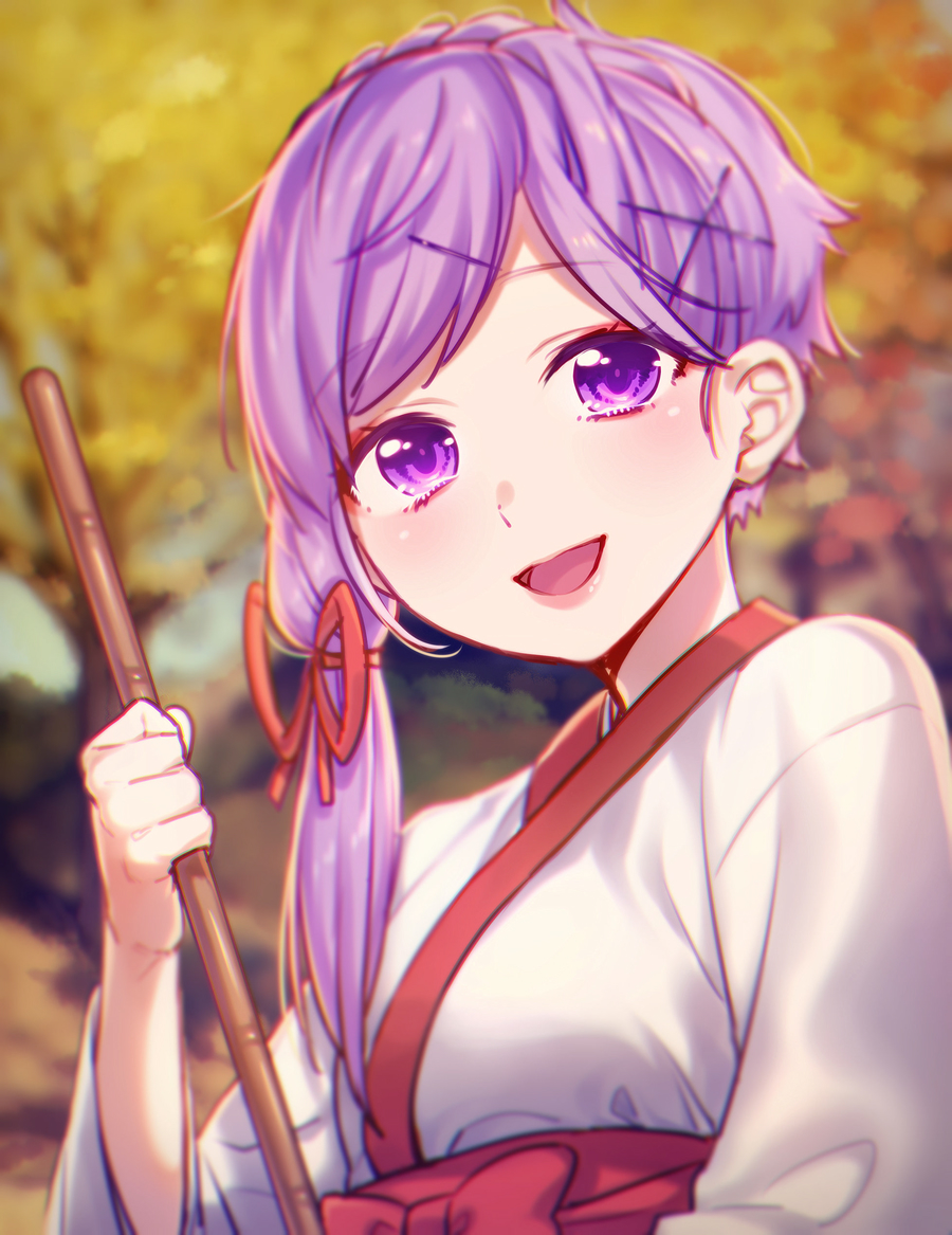 1girl :d ai_kusunoki alternate_costume alternate_hairstyle bangs blurry blurry_background bow broom day eyeshadow hair_ornament hair_ribbon hairclip holding holding_broom japanese_clothes kimono lips long_hair looking_at_viewer makeup miko open_mouth outdoors parted_bangs purple_hair red_bow red_ribbon ribbon shiny shiny_hair side_ponytail smile solo tree upper_body violet_eyes vocaloid voiceroid white_kimono yuzuki_yukari