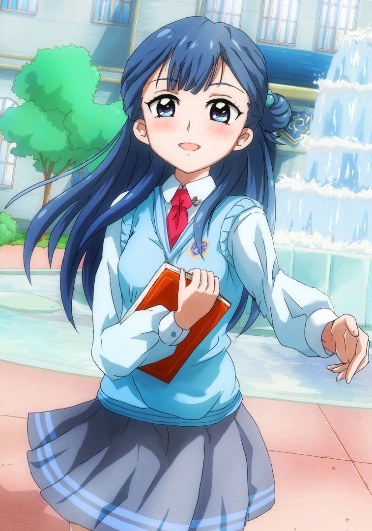 1girl :d bangs blue_eyes blue_hair book cowboy_shot fountain futa-futa grey_skirt hair_bun holding holding_book hugtto!_precure long_hair looking_at_viewer necktie open_mouth outdoors outstretched_hand precure red_neckwear school_uniform skirt smile solo sweater_vest tree yakushiji_saaya