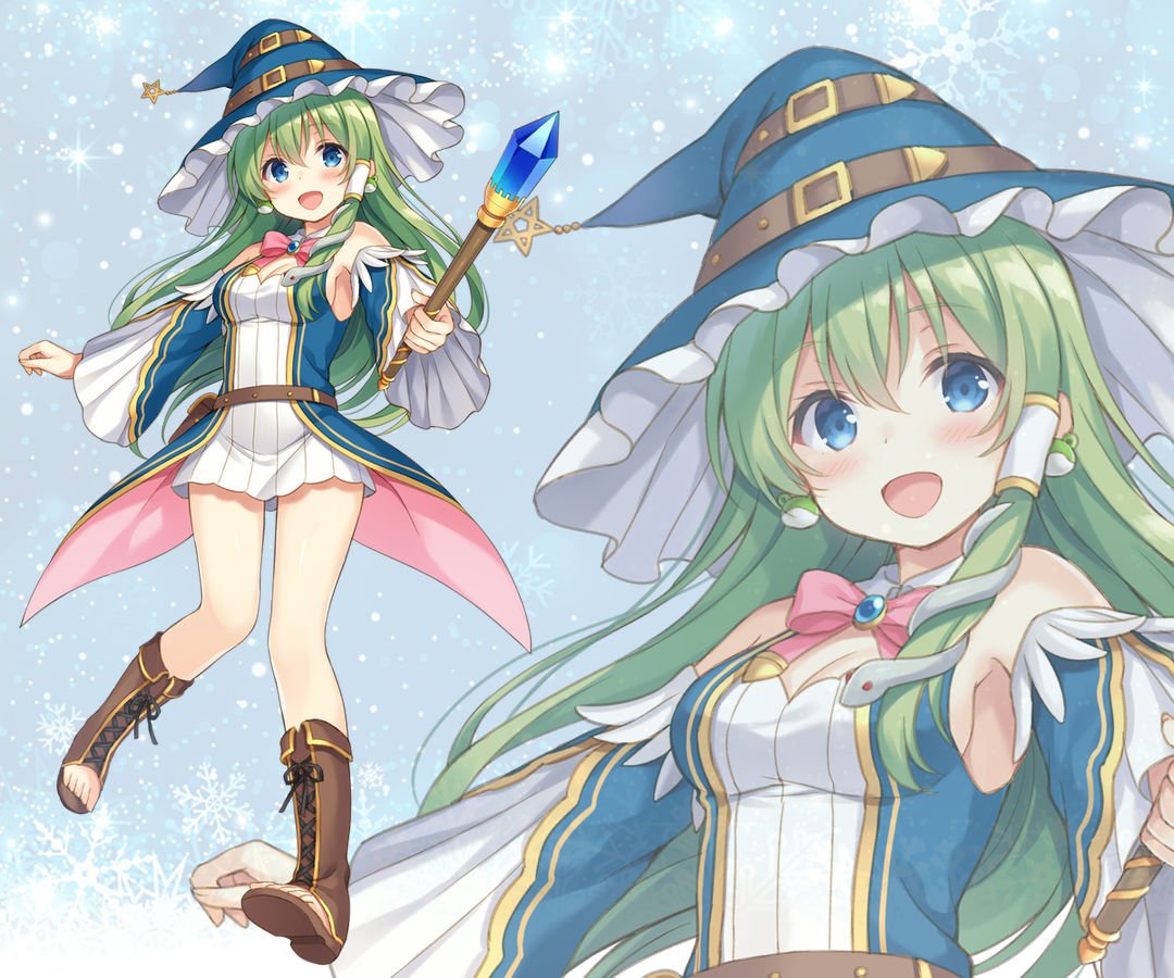 1girl alternate_costume blue_eyes blush boots bowtie crystal earrings feet frills frog green_hair hair_accessories hat kochiya_sanae long_hair nagisa3710 smile snake star straps touhou wand witch_outfit