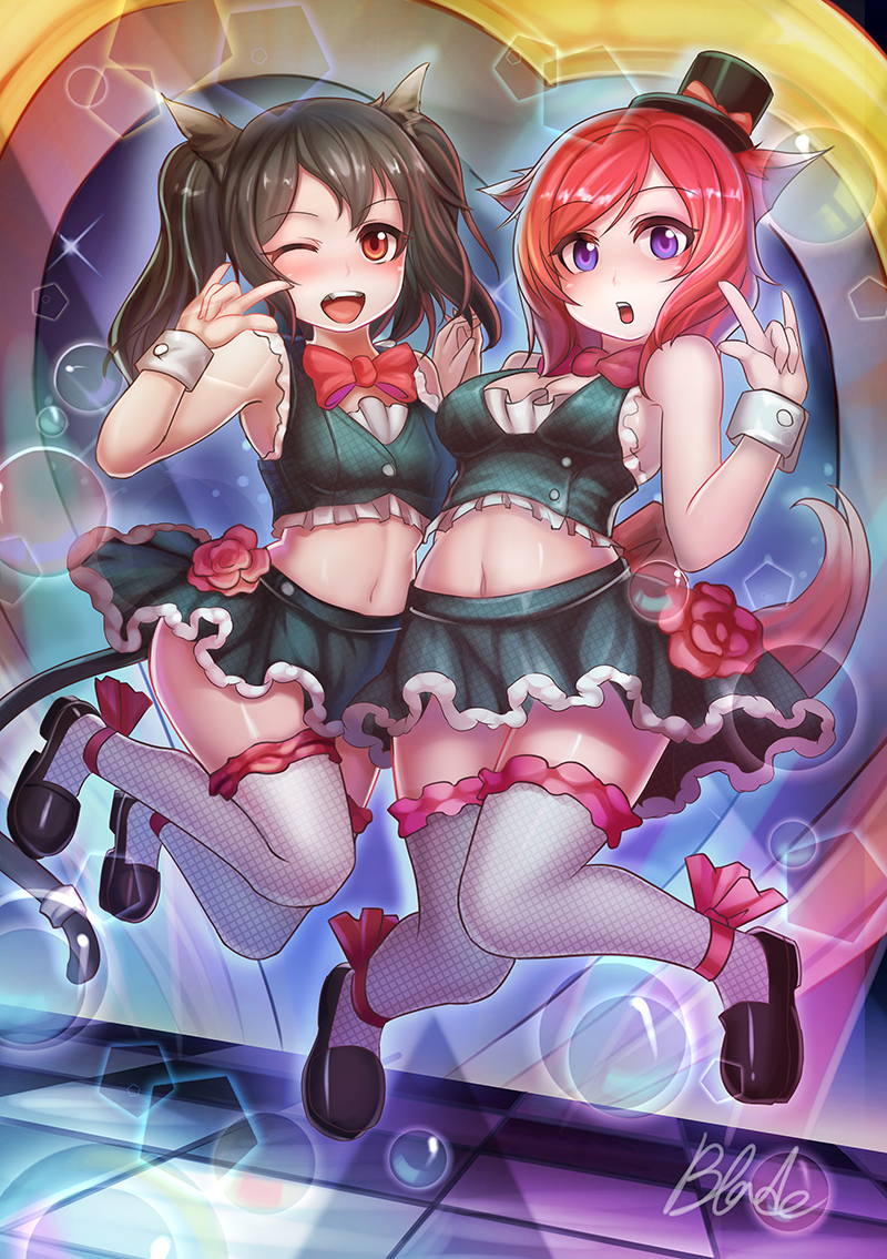 2girls :o ;d \m/ animal_ears ankle_ribbon bangs bare_arms bare_shoulders black_footwear black_hair black_hat blush bow bowtie breasts bubble cat_ears cat_tail checkered checkered_floor commentary_request cropped_vest dog_tail eyebrows_visible_through_hair fishnet_legwear fishnets flower full_body green_skirt green_vest grey_legwear hand_holding hand_up hat hat_bow heart interlocked_fingers jumping kemonomimi_mode knees_together_feet_apart looking_at_viewer love_live! love_live!_school_idol_project medium_breasts medium_hair midriff mini_hat mini_top_hat miniskirt multiple_girls navel nishikino_maki one_eye_closed open_mouth pentagon_(shape) qblade red_bow red_eyes red_flower red_neckwear red_ribbon redhead ribbon shiny shiny_hair shiny_skin shoes signature skirt small_breasts smile sparkle spotlight stage striped striped_skirt swept_bangs tail thigh-highs top_hat twintails vest violet_eyes wrist_cuffs yazawa_nico zettai_ryouiki
