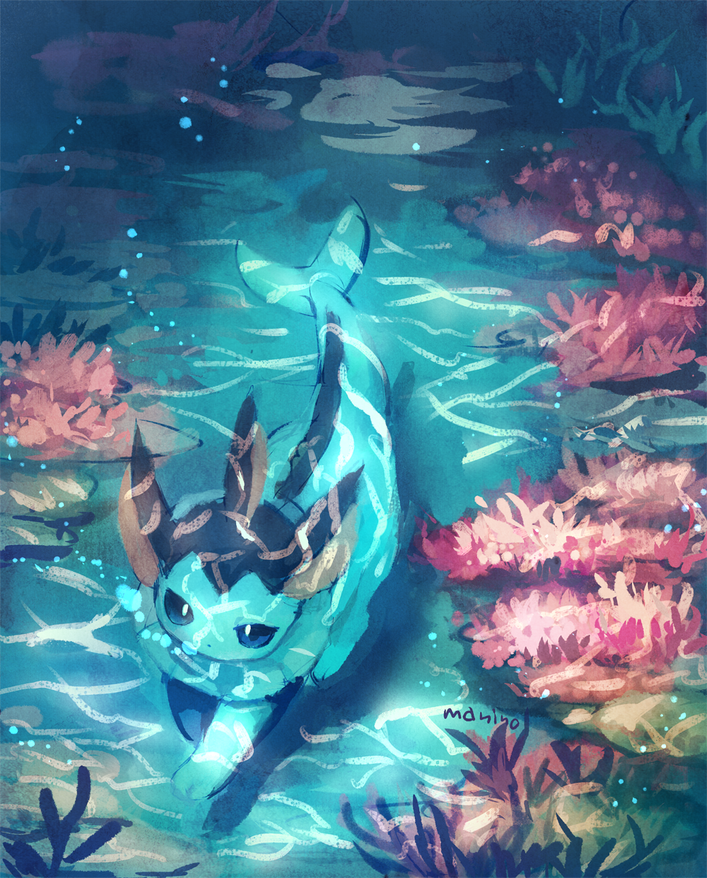 air_bubble artist_name blue_eyes bubble coral day diving from_above highres looking_up manino_(mofuritaionaka) no_humans pokemon pokemon_(creature) underwater vaporeon