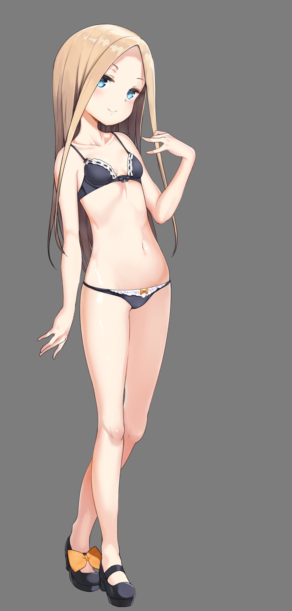 1girl abigail_williams_(fate/grand_order) arm_at_side bangs bare_legs bell_(oppore_coppore) black_bra black_panties blue_eyes blush bra breasts closed_mouth fate/grand_order fate_(series) full_body grey_background head_tilt high_heels highres light_brown_hair long_hair looking_at_viewer mary_janes navel panties parted_bangs ribbon-trimmed_bra shoes simple_background small_breasts smile solo standing underwear underwear_only